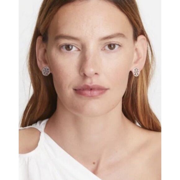 TORY BURCH Designer Silver Miller Round Circle Cut Out "T" Logo Stud Earrings - Picture 3 of 12